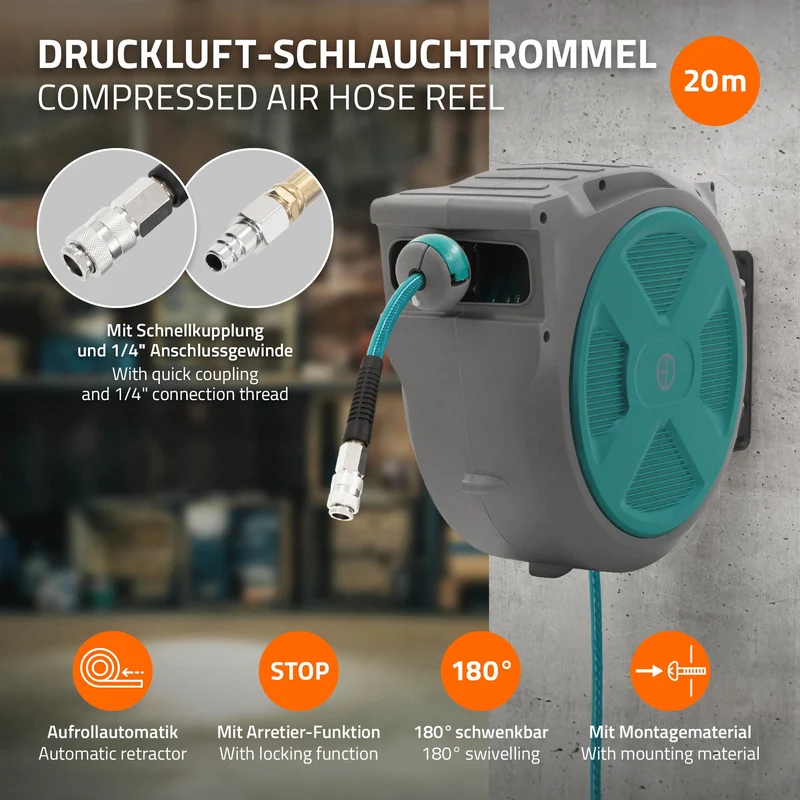 Druckluft Schlauchtrommel Automatik 20 m 1/4" Anschluss für Wandmontage
