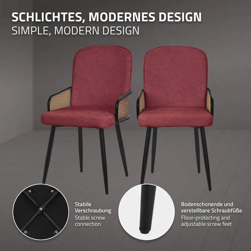 Esszimmerstühle 2er Set Rot mit Arm- & Rückenlehne, Polsterstühle für Esszimmer & Küche ML-Design