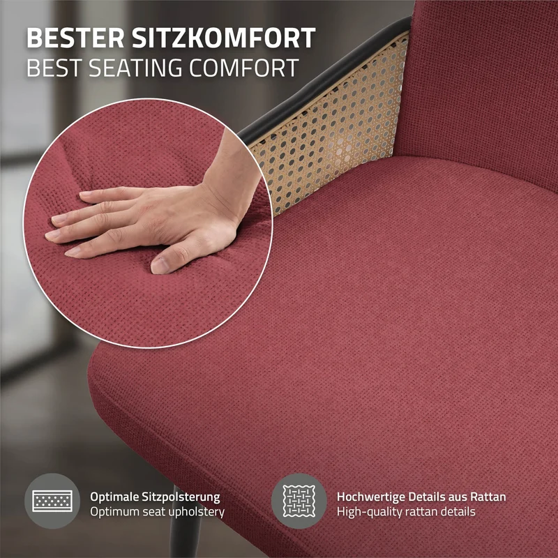 Esszimmerstühle 2er Set Rot mit Arm- & Rückenlehne, Polsterstühle für Esszimmer & Küche ML-Design