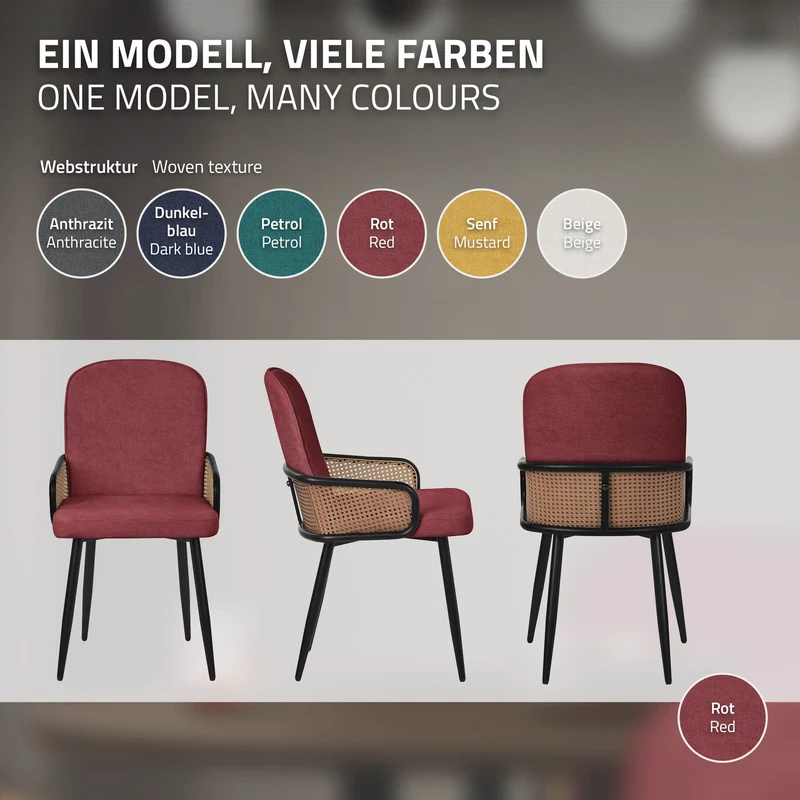 Esszimmerstühle 2er Set Rot mit Arm- & Rückenlehne, Polsterstühle für Esszimmer & Küche ML-Design