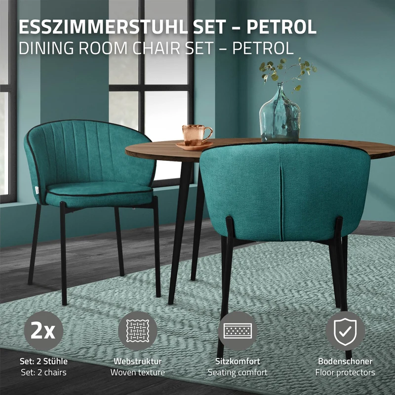 2er Set Esszimmerstühle mit Rücken- & Armlehne Petrol mit Metallbeinen bis 120 kg ML-Design