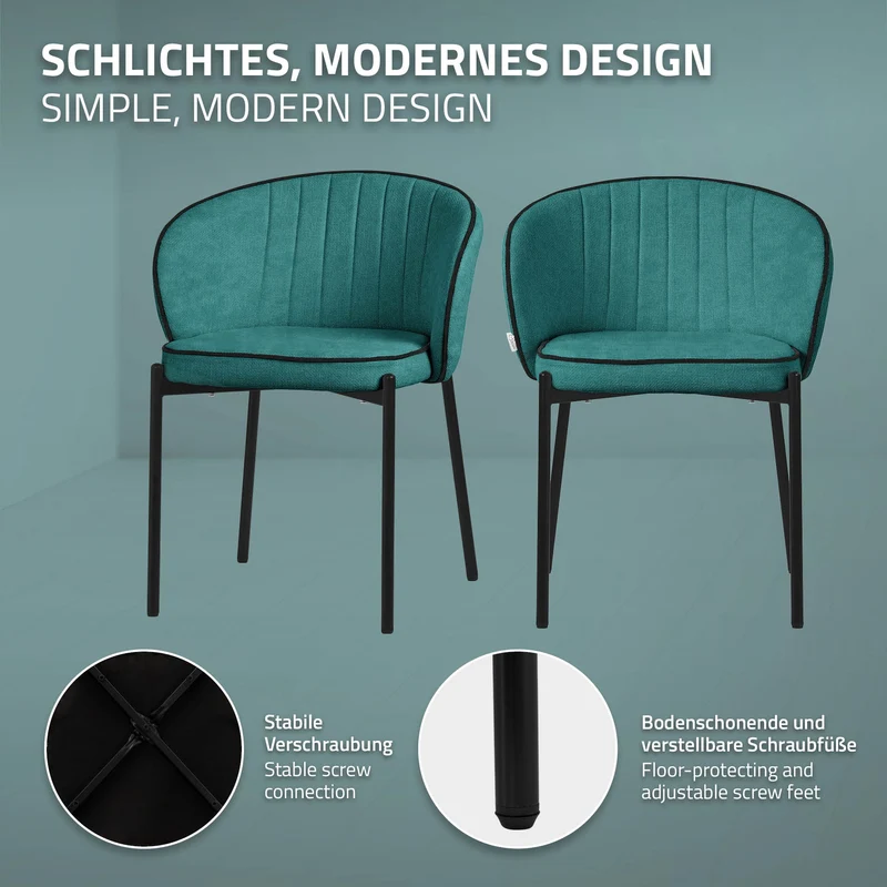 2er Set Esszimmerstühle mit Rücken- & Armlehne Petrol mit Metallbeinen bis 120 kg ML-Design