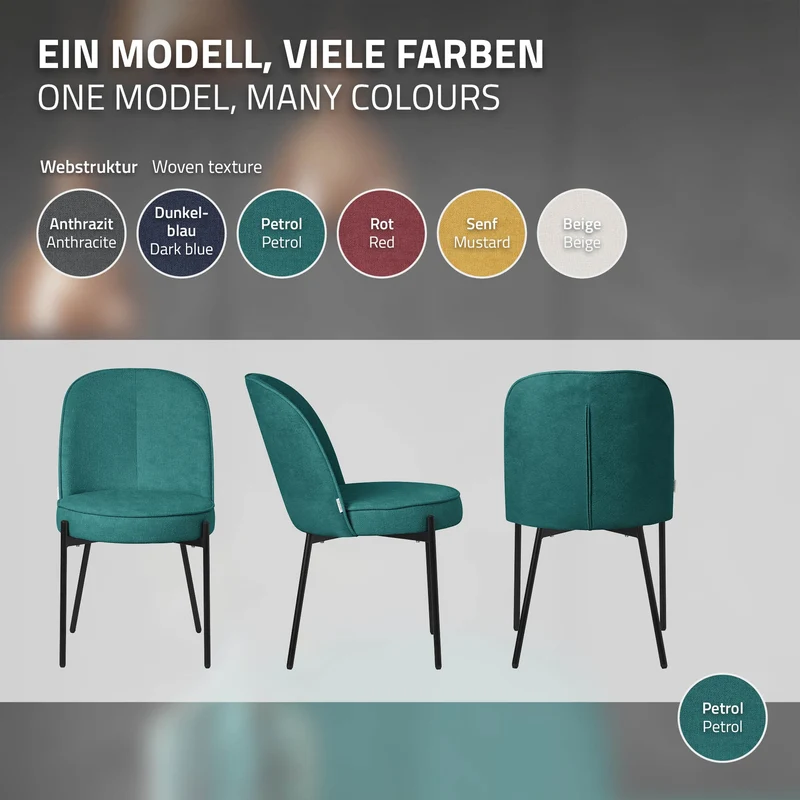 Esszimmerstühle 2er Set Petrol mit Rückenlehne, Polsterstühle für Esszimmer & Küche ML-Design