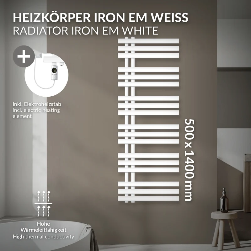 Badheizkörper Mittelanschluss 500x1400 mm Weiß mit Heizstab 1200W LuxeBath