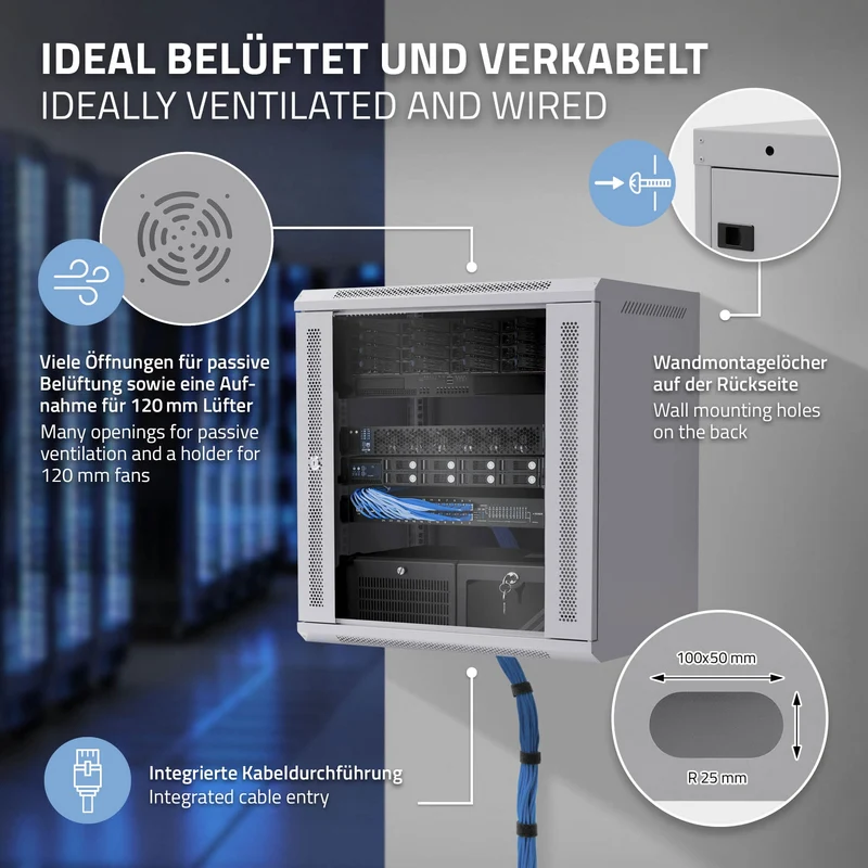 B-Ware Netzwerkschrank 12 HE 19 Zoll Grau 600 x 635 x 450 mm voll montiert Traglast 60 kg
