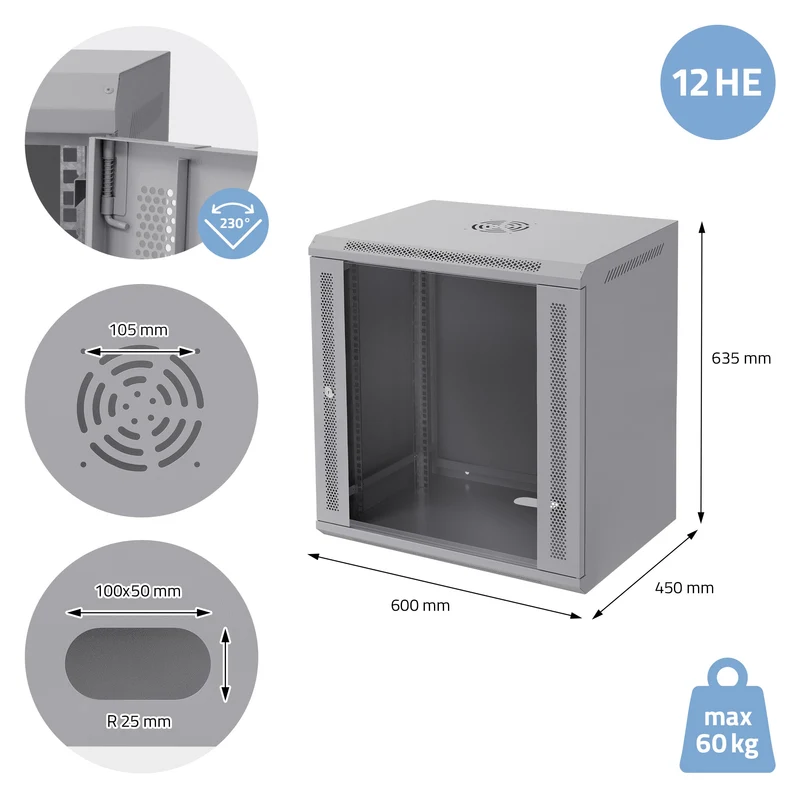 B-Ware Netzwerkschrank 12 HE 19 Zoll Grau 600 x 635 x 450 mm voll montiert Traglast 60 kg