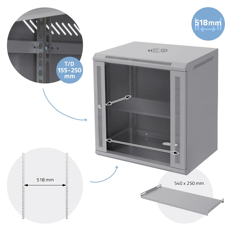 B-Ware Netzwerkschrank 12 HE 19 Zoll Grau 600 x 635 x 450 mm voll montiert Traglast 60 kg