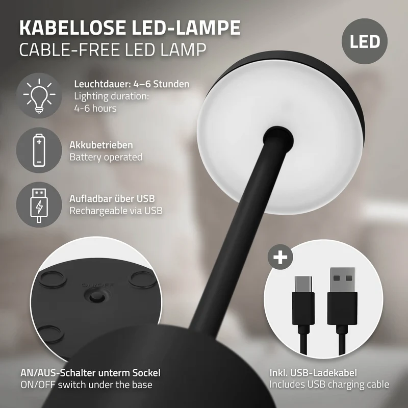LED Tischlampe kabellos mit Touch, Schwarz Ø8x34,5cm Akku Tischleuchte USB-C ML-Design