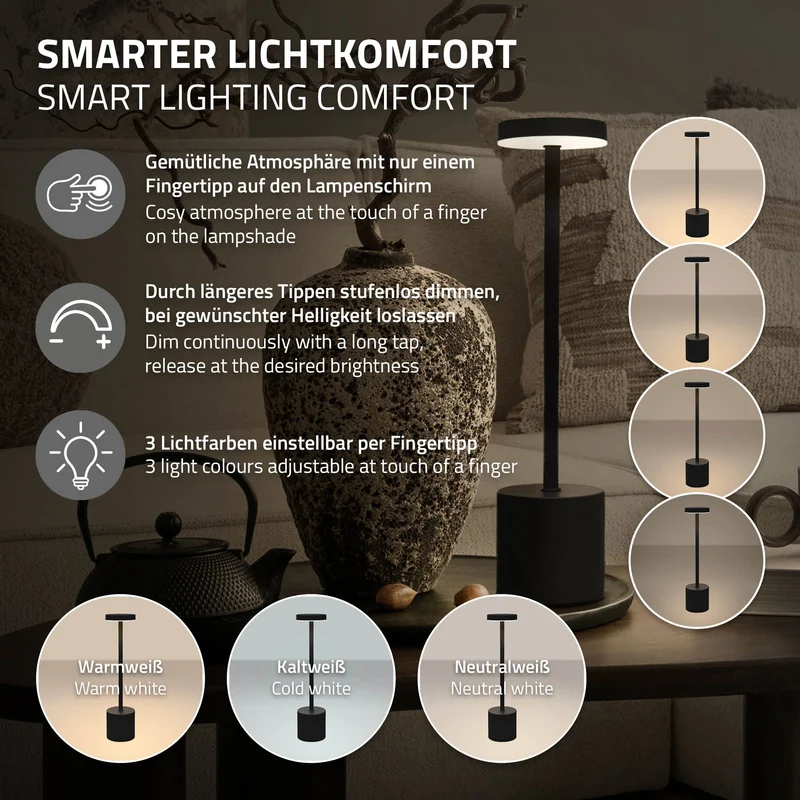 LED Tischlampe kabellos mit Touch, Schwarz Ø8x34,5cm Akku Tischleuchte USB-C ML-Design