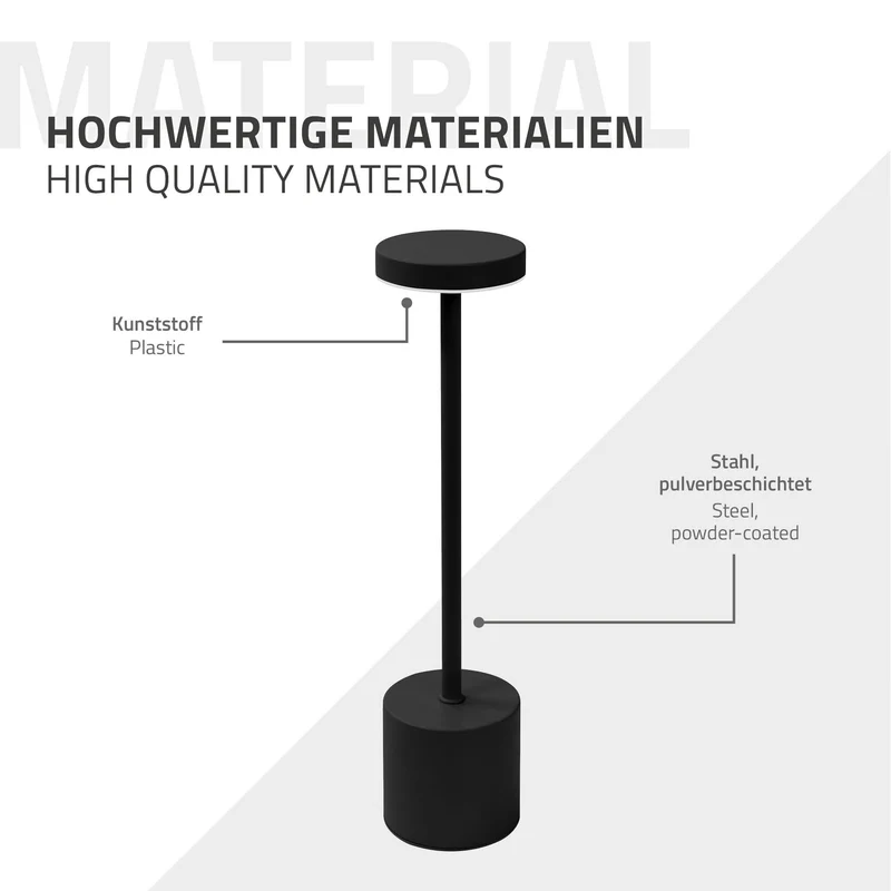 LED Tischlampe kabellos mit Touch, Schwarz Ø8x34,5cm Akku Tischleuchte USB-C ML-Design