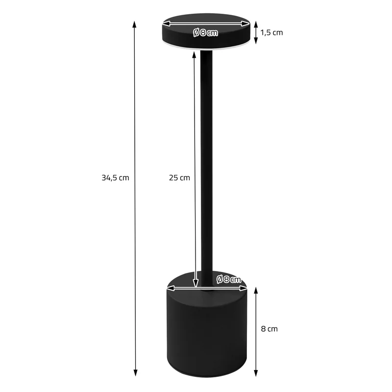 LED Tischlampe kabellos mit Touch, Schwarz Ø8x34,5cm Akku Tischleuchte USB-C ML-Design