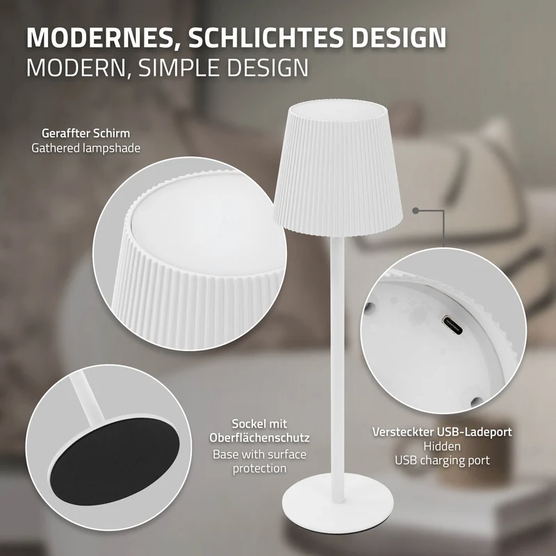 LED Tischlampe kabellos mit Touch, Weiß, Ø10x36 cm, Akku Tischleuchte USB-C ML-Design