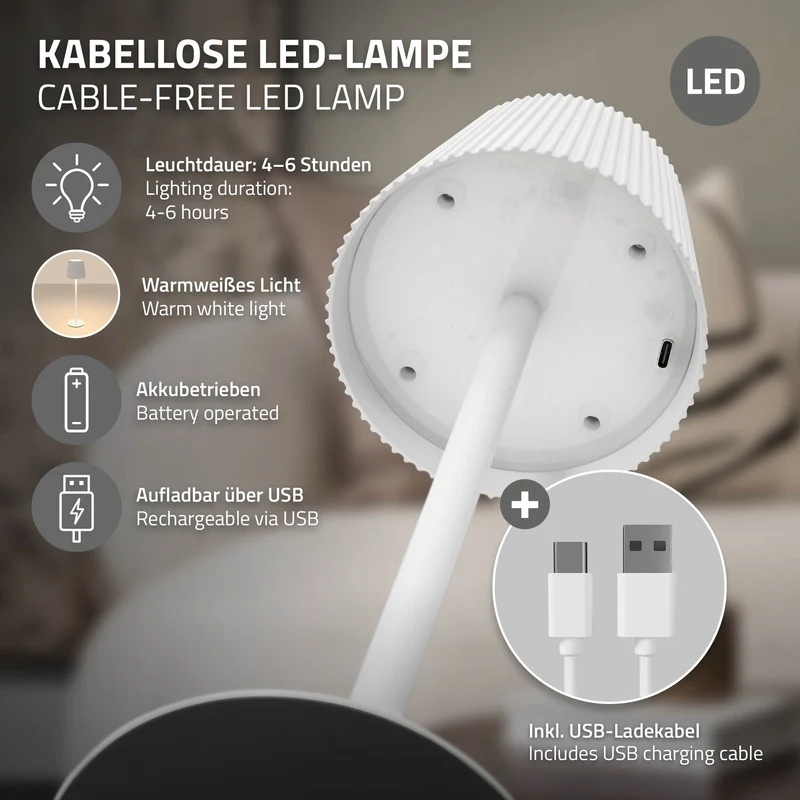 LED Tischlampe kabellos mit Touch, Weiß, Ø10x36 cm, Akku Tischleuchte USB-C ML-Design