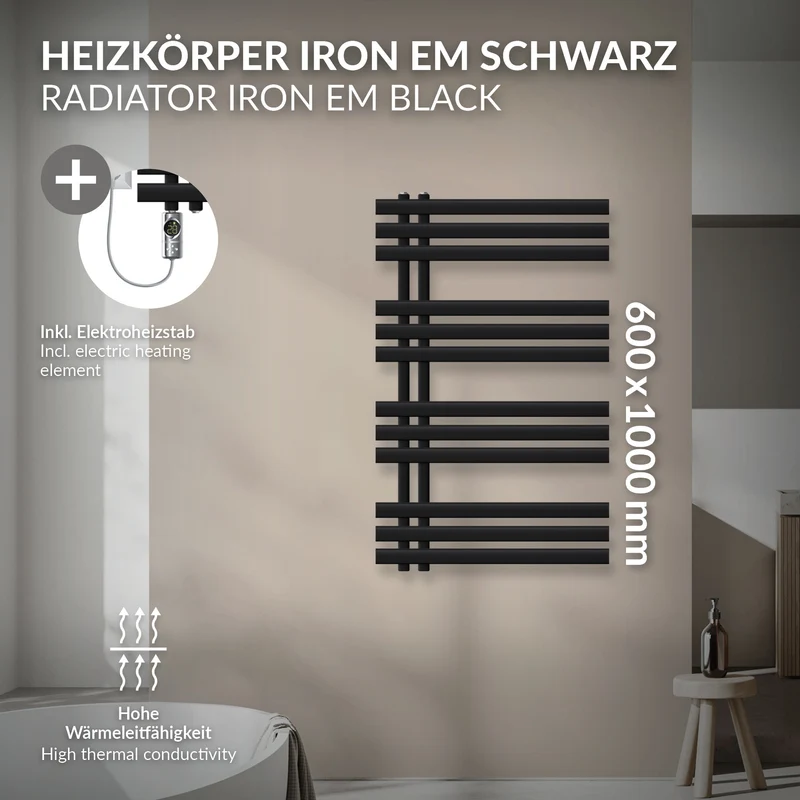 Badheizkörper Mittelanschluss 600x1000 mm Schwarz matt mit Heizstab 300W LuxeBath