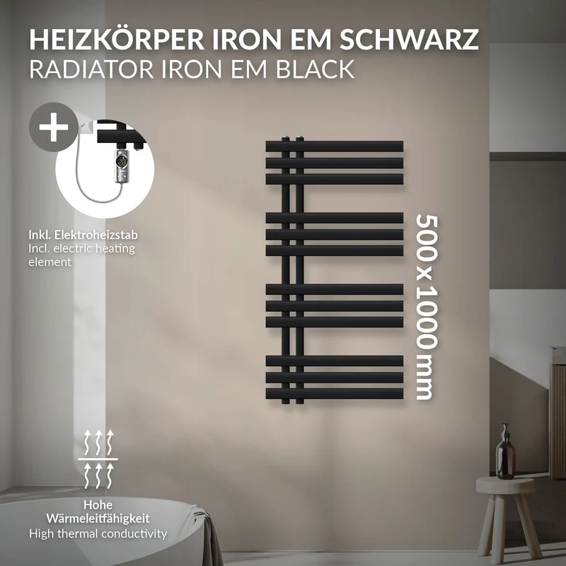 Badheizkörper Mittelanschluss 500x1000 mm Schwarz matt mit Heizstab 300W LuxeBath