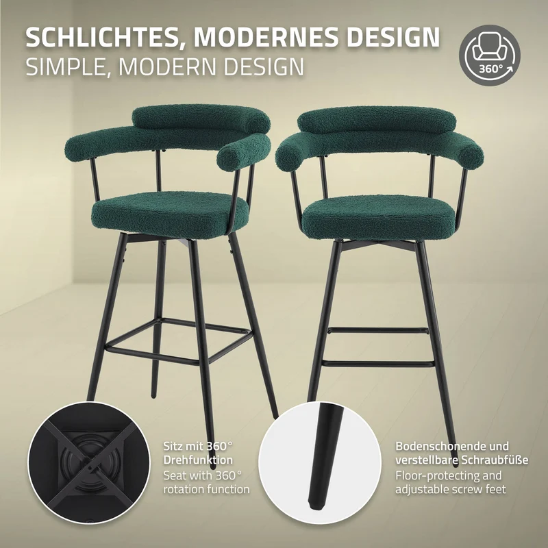 4er Set Barhocker 360° drehbar Dunkelgrün 61x103x55 cm mit Arm-, Rückenlehne und Fußstütze bis 120 kg ML-Design