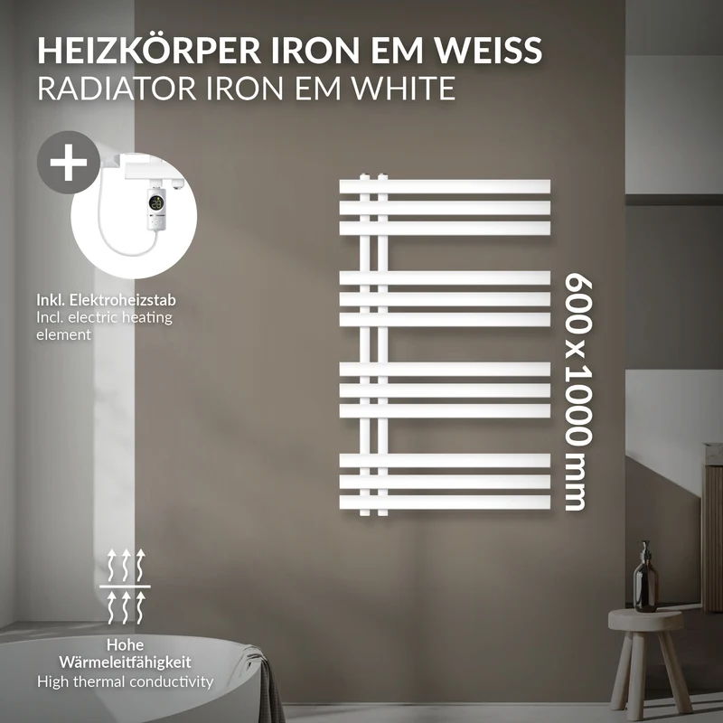 Badheizkörper Mittelanschluss 600x1000 mm Weiß mit Heizstab 300W LuxeBath