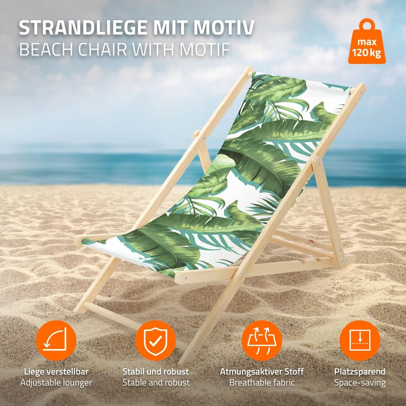 2er Set Gartenliege aus Holz in Tropical Grün-Weiß klappbarer Beachstuhl Strandstuhl Strandliege Liegestuhl Sonnenliege Relaxliege