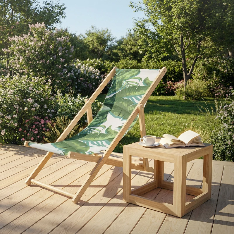 2er Set Gartenliege aus Holz in Tropical Grün-Weiß klappbarer Beachstuhl Strandstuhl Strandliege Liegestuhl Sonnenliege Relaxliege