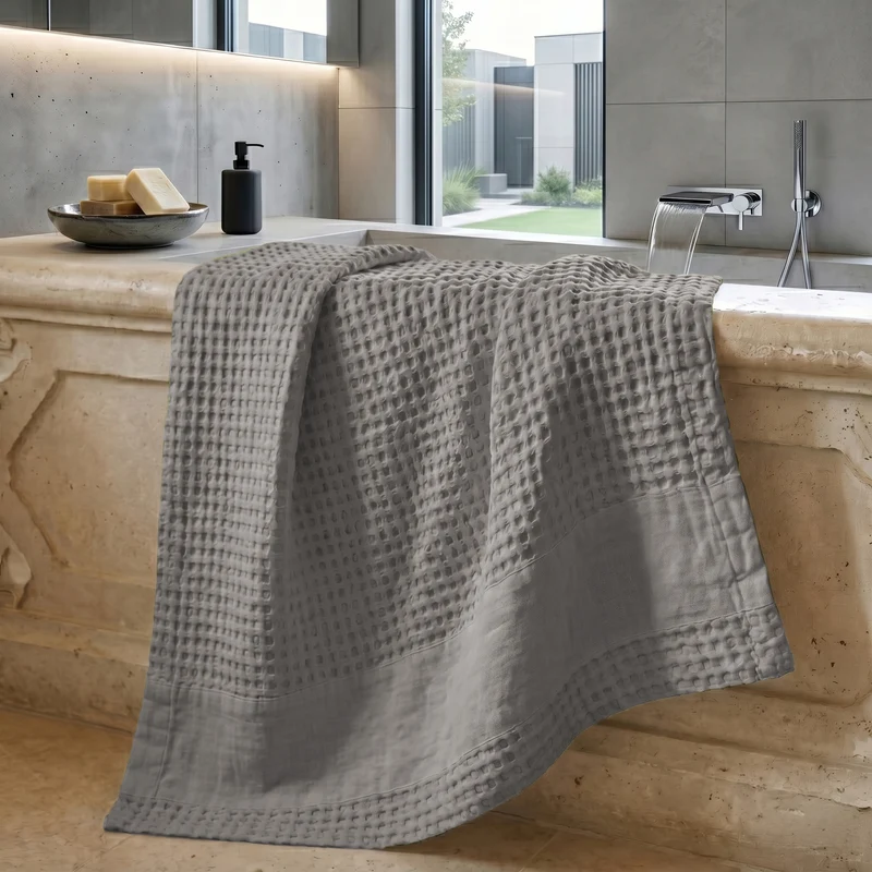Telo da Bagno Nido d'Ape StoneWashed con Bordo in Lino - Jaspy