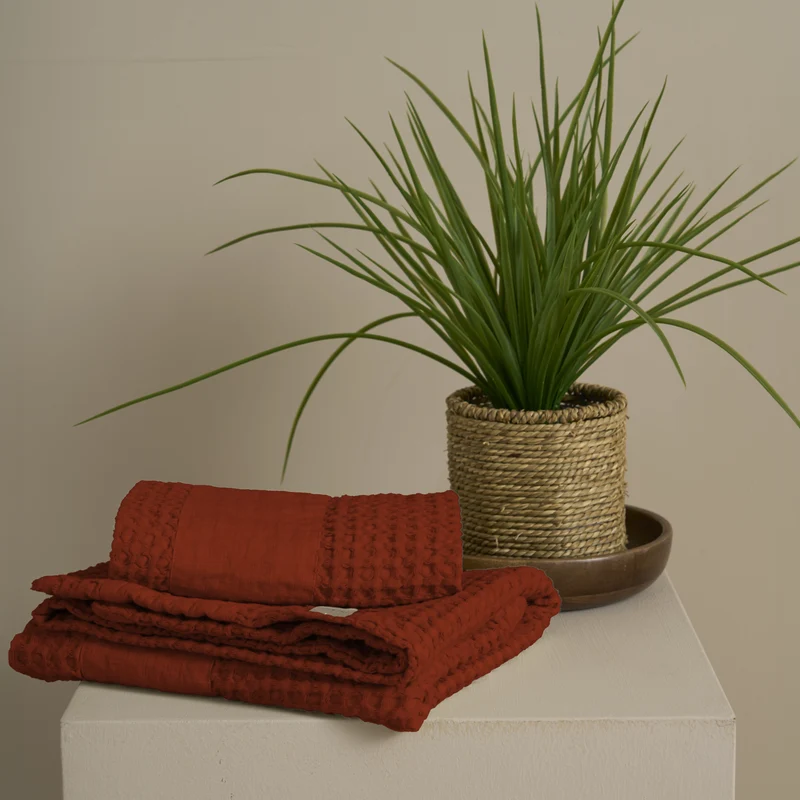 Coppia Nido d'Ape Stonewashed con Bordo in Lino - Jaspy