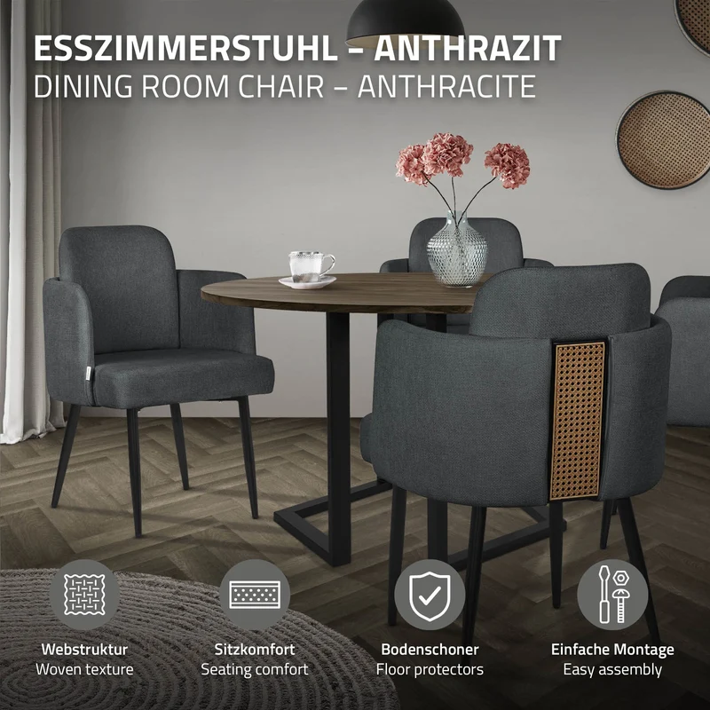 Esszimmerstuhl mit Rücken- & Armlehne Anthrazit mit Metallbeinen bis 120 kg ML-Design