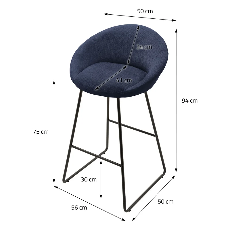 Barhocker 2er Set Dunkelblau 56x94x50 cm mit Rückenlehne und Fußstütze bis 120 kg ML-Design