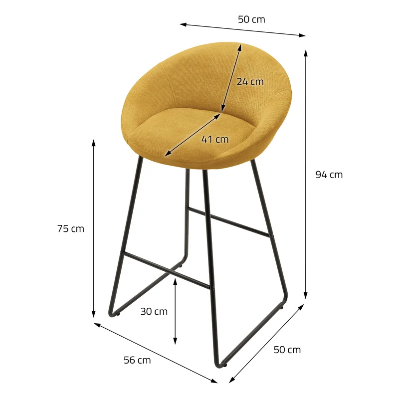 Barhocker 2er Set Senf 56x94x50 cm mit Rückenlehne und Fußstütze bis 120 kg ML-Design