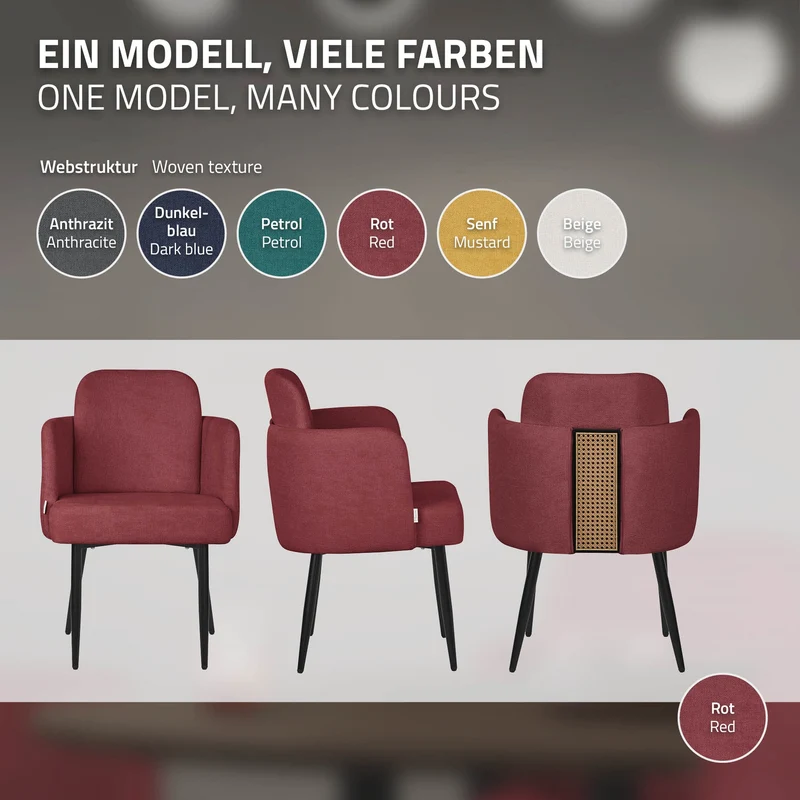 Esszimmerstuhl mit Rücken- & Armlehne Rot mit Metallbeinen bis 120 kg ML-Design