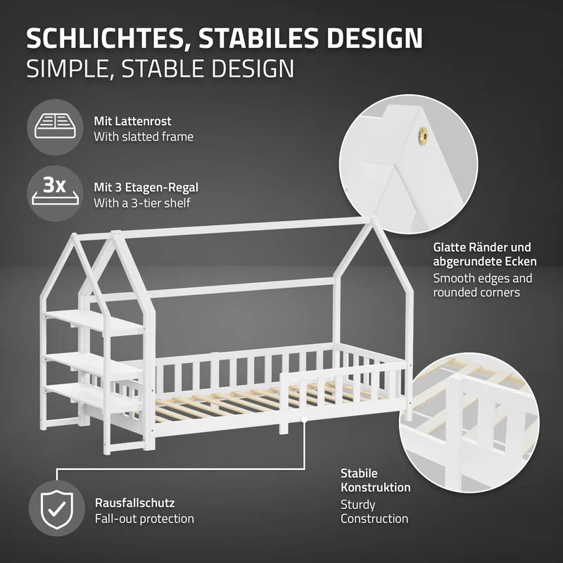 Kinderbett Hausbett 90x200 cm Weiß aus Kiefernholz inkl. Matratze H-10cm Rausfallschutz Regal Dach und Lattenrost ML-Design