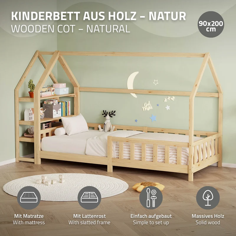 Kinderbett Hausbett 90x200 cm Natur aus Kiefernholz inkl. Matratze H-10cm Rausfallschutz Regal Dach und Lattenrost ML-Design