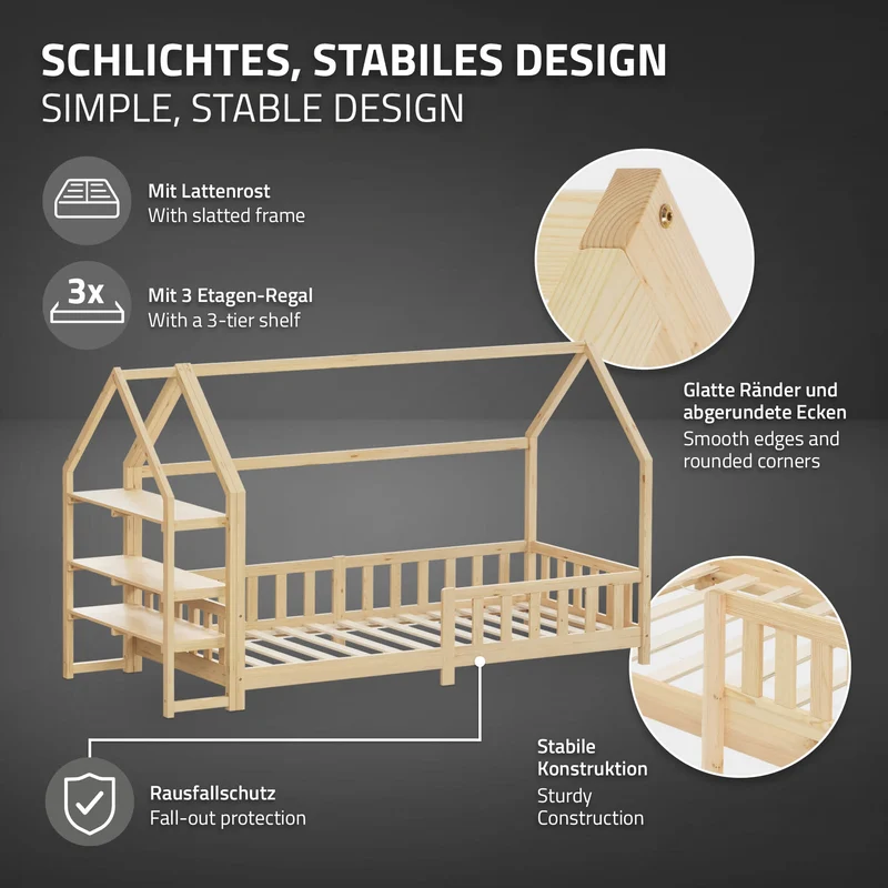 Kinderbett Hausbett 90x200 cm Natur aus Kiefernholz inkl. Matratze H-10cm Rausfallschutz Regal Dach und Lattenrost ML-Design