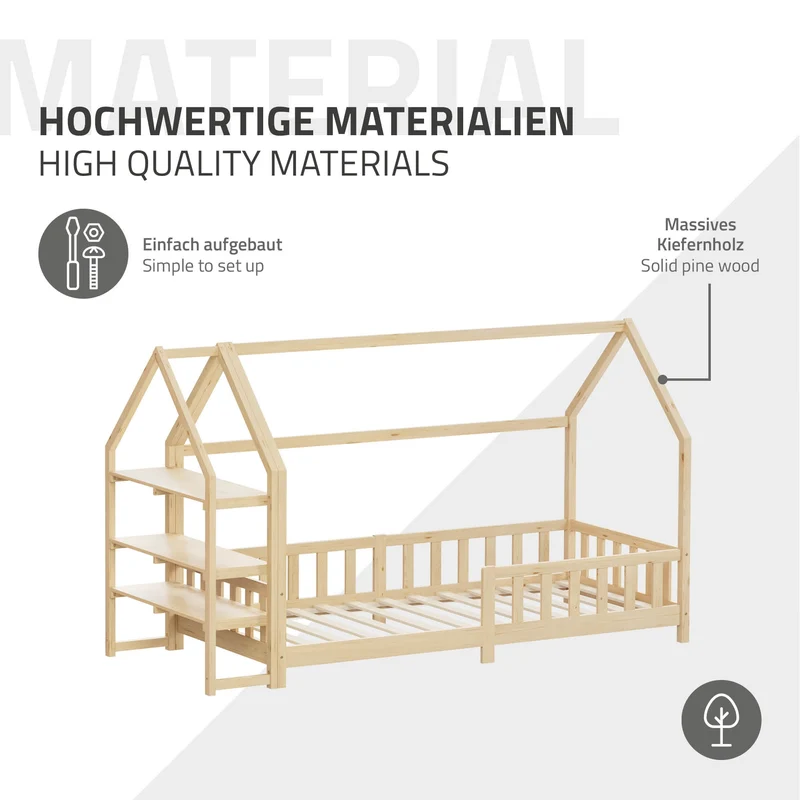 Kinderbett Hausbett 90x200 cm Natur aus Kiefernholz inkl. Matratze H-10cm Rausfallschutz Regal Dach und Lattenrost ML-Design
