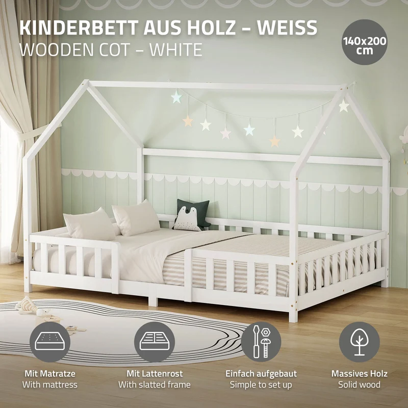 Kinderbett Hausbett 140x200 cm Weiß aus Kiefernholz inkl. Matratze H-16cm Rausfallschutz Dach und Lattenrost ML-Design