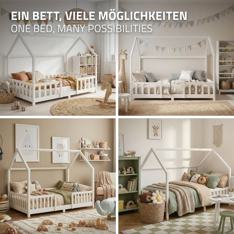 Kinderbett Hausbett 140x200 cm Weiß aus Kiefernholz inkl. Matratze H-16cm Rausfallschutz Dach und Lattenrost ML-Design