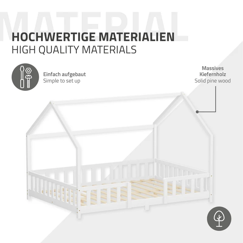 Kinderbett Hausbett 140x200 cm Weiß aus Kiefernholz inkl. Matratze H-16cm Rausfallschutz Dach und Lattenrost ML-Design