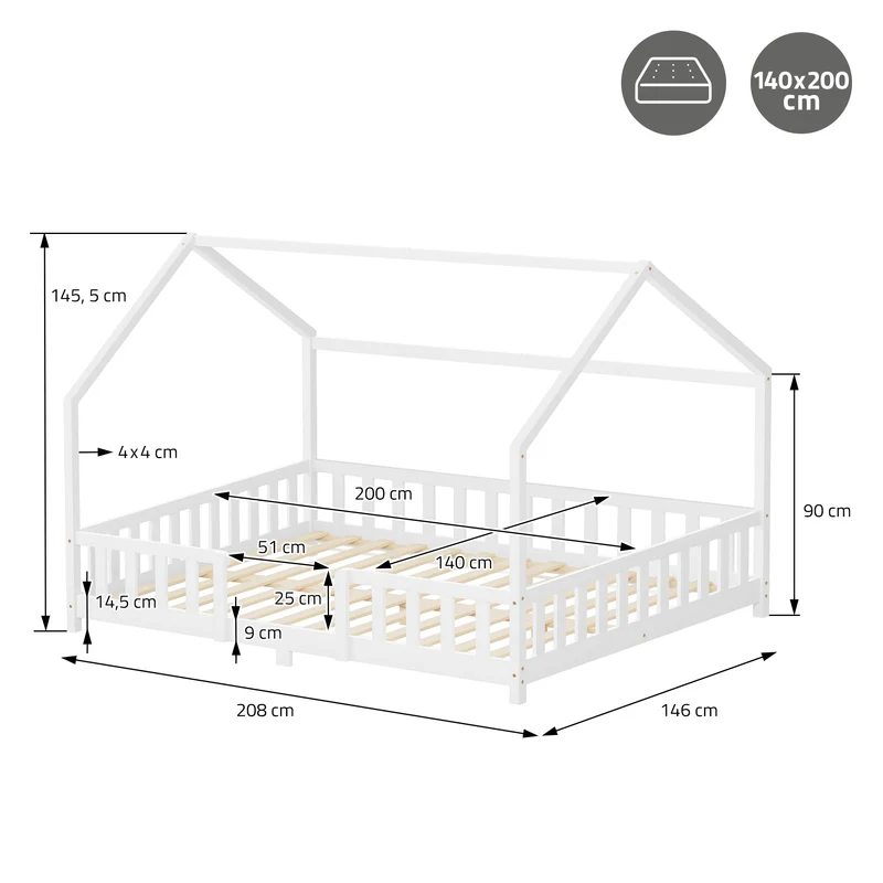 Kinderbett Hausbett 140x200 cm Weiß aus Kiefernholz inkl. Matratze H-16cm Rausfallschutz Dach und Lattenrost ML-Design