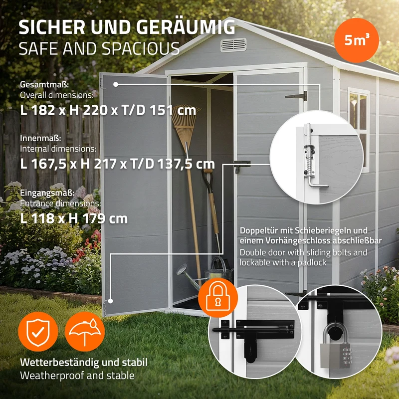 Gartenhaus 5m³ Kunststoff Gerätehaus mit Boden & Satteldach, 151x182x220 cm, Hellgrau, Geräteschuppen mit Fenster Doppeltüren