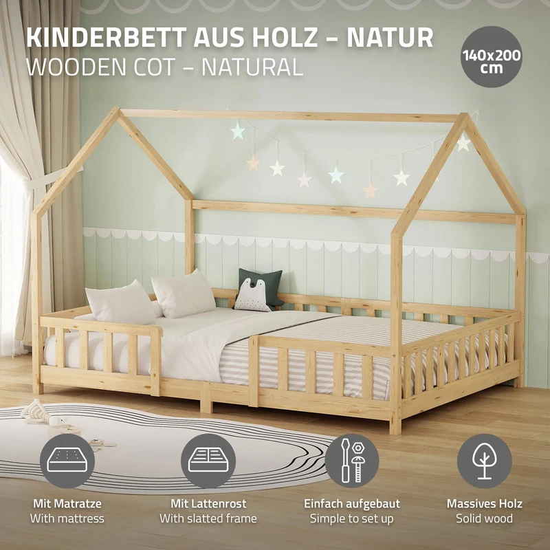 Kinderbett Hausbett 140x200 cm Natur aus Kiefernholz inkl. Matratze H-16cm Rausfallschutz Dach und Lattenrost ML-Design