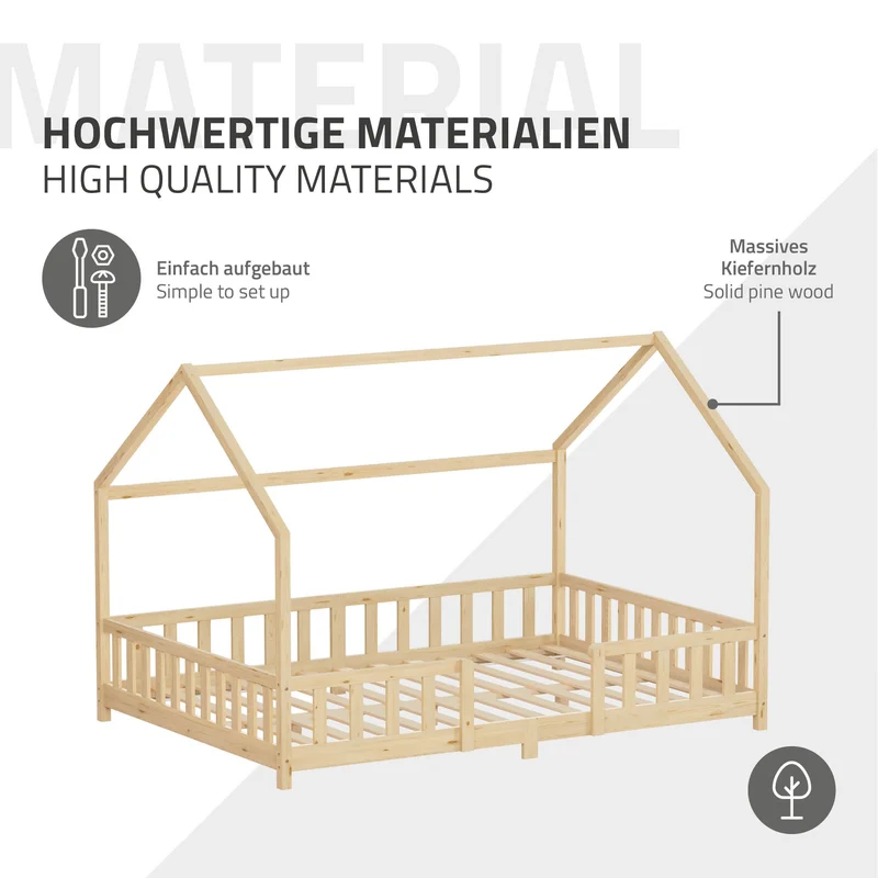 Kinderbett Hausbett 140x200 cm Natur aus Kiefernholz inkl. Matratze H-16cm Rausfallschutz Dach und Lattenrost ML-Design