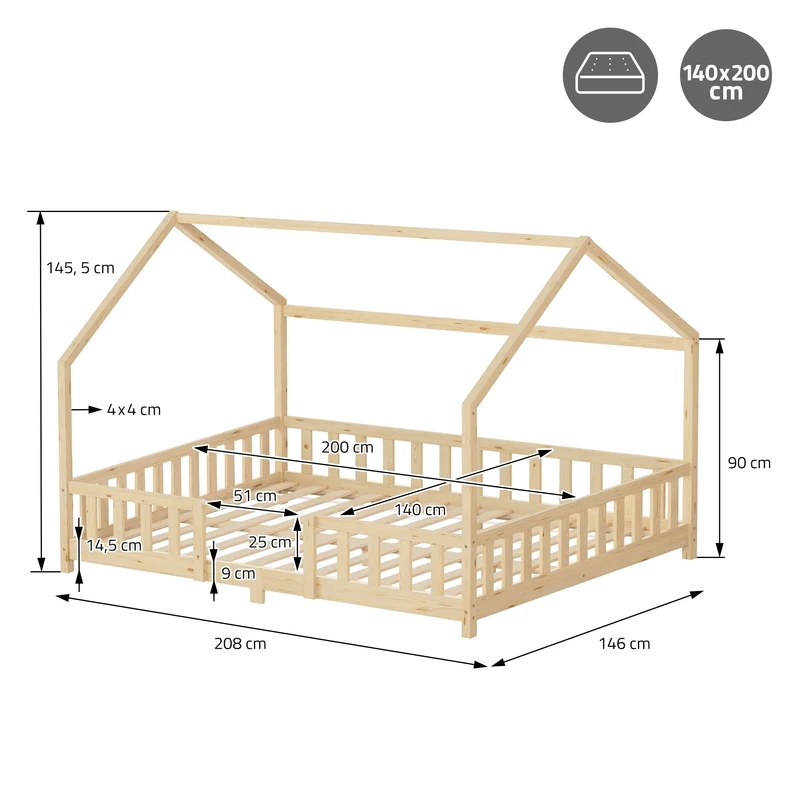 Kinderbett Hausbett 140x200 cm Natur aus Kiefernholz inkl. Matratze H-16cm Rausfallschutz Dach und Lattenrost ML-Design