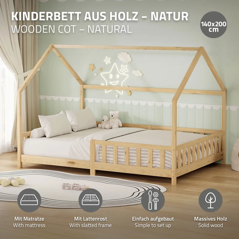 Kinderbett Hausbett 140x200 cm Natur aus Kiefernholz inkl. Matratze H-16cm Rausfallschutz Dach und Lattenrost ML-Design