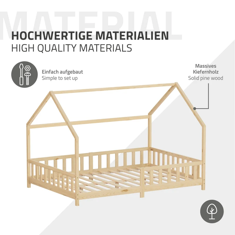 Kinderbett Hausbett 140x200 cm Natur aus Kiefernholz inkl. Matratze H-16cm Rausfallschutz Dach und Lattenrost ML-Design