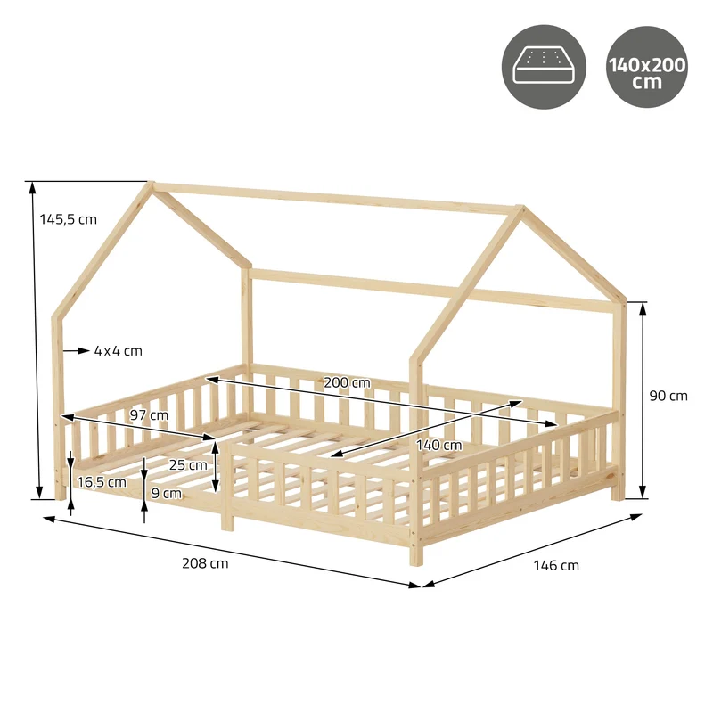Kinderbett Hausbett 140x200 cm Natur aus Kiefernholz inkl. Matratze H-16cm Rausfallschutz Dach und Lattenrost ML-Design