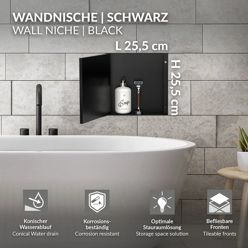 Wandnische Dusche mit befliesbarer Tür 25,5x25,5 cm Schwarz aus Edelstahl randlos Duschnische Duschablage LuxeBath