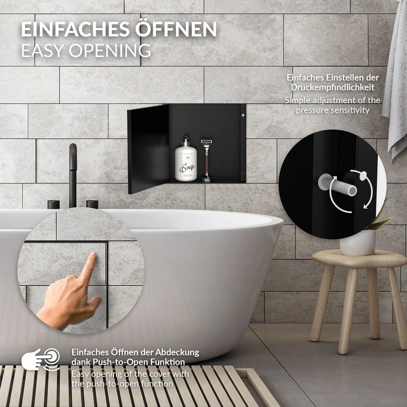 Wandnische Dusche mit befliesbarer Tür 25,5x25,5 cm Schwarz aus Edelstahl randlos Duschnische Duschablage LuxeBath
