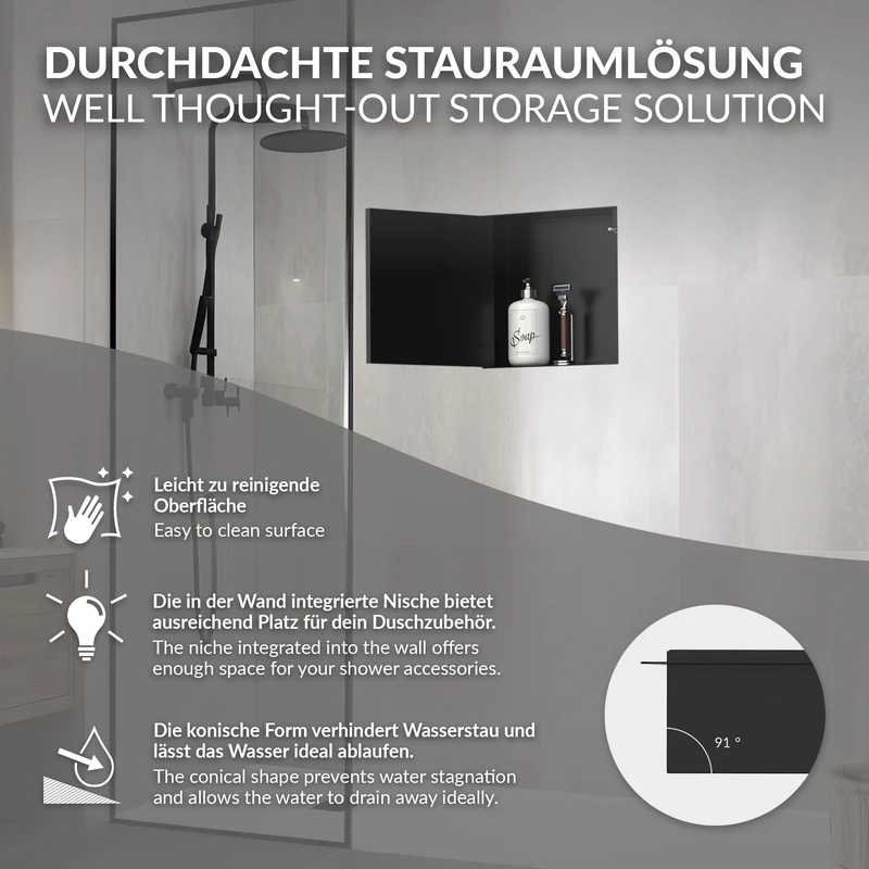 Wandnische Dusche mit befliesbarer Tür 25,5x25,5 cm Schwarz aus Edelstahl randlos Duschnische Duschablage LuxeBath