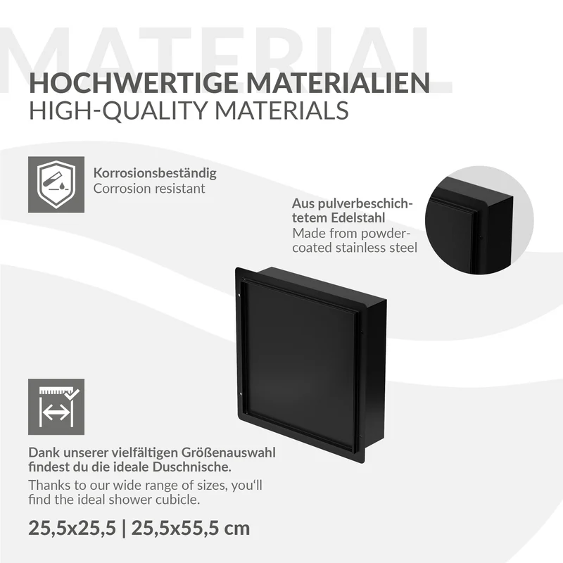 Wandnische Dusche mit befliesbarer Tür 25,5x25,5 cm Schwarz aus Edelstahl randlos Duschnische Duschablage LuxeBath