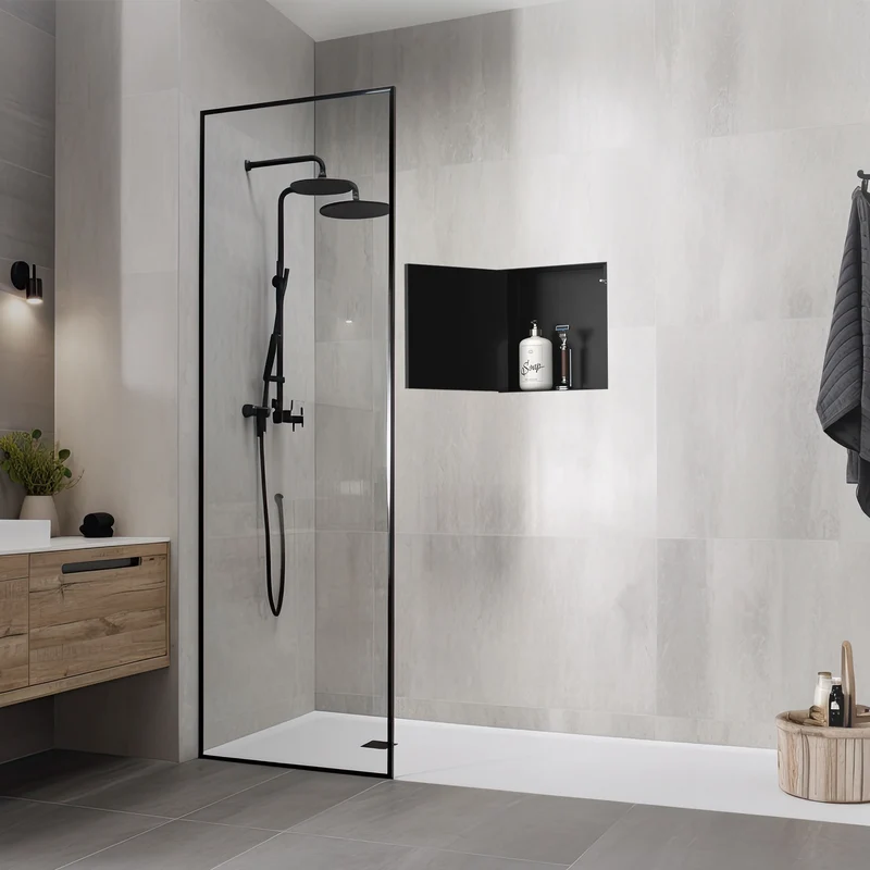 Wandnische Dusche mit befliesbarer Tür 25,5x25,5 cm Schwarz aus Edelstahl randlos Duschnische Duschablage LuxeBath