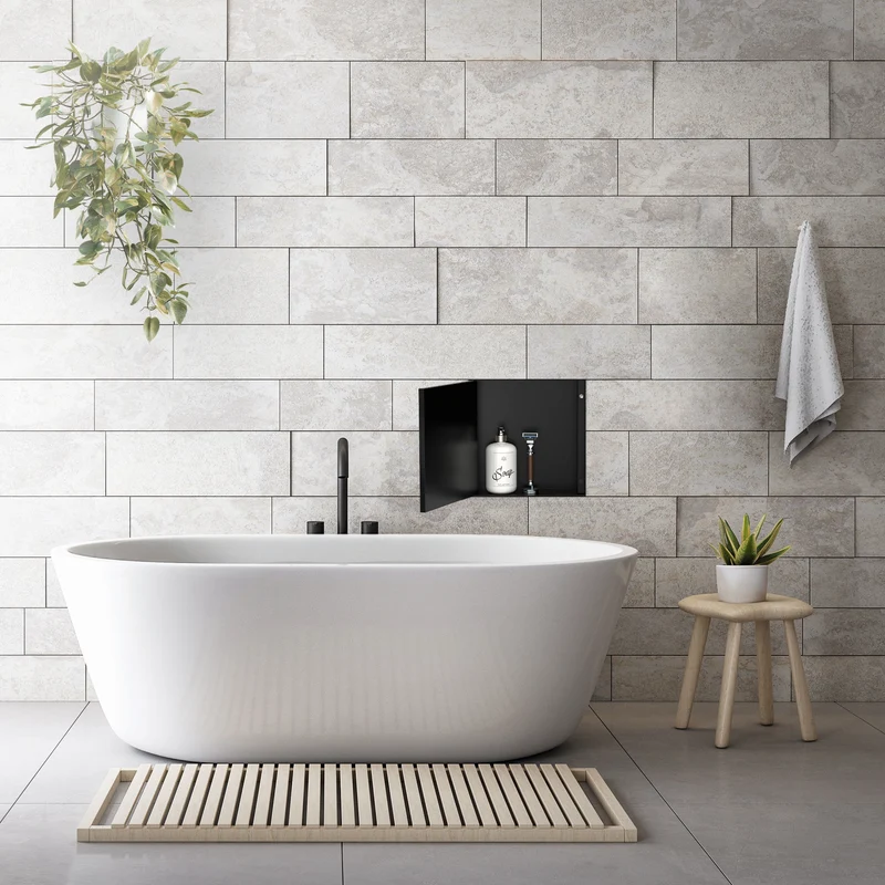 Wandnische Dusche mit befliesbarer Tür 25,5x25,5 cm Schwarz aus Edelstahl randlos Duschnische Duschablage LuxeBath